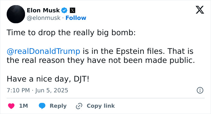 Screenshot of Elon Musk’s tweet accusing Donald Trump of being implicated in Epstein files, posted on June 5, 2025.