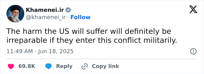 Tweet from Iran’s Supreme Leader warning irreparable harm if US joins Israel in conflict, referencing tensions with Trump’s attack plan.