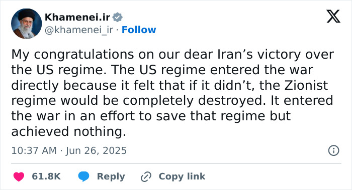 Screenshot of a tweet showing Iran’s Supreme Leader delivering a warning to the U.S. in a public statement.