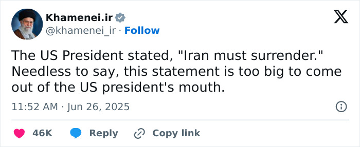 Screenshot of a social media post quoting Iran’s Supreme Leader delivering a warning to the U.S. after the ceasefire.