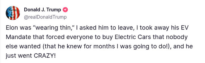 Screenshot of Donald J. Trump’s tweeted response referencing Elon Musk and electric vehicle mandates amid Epstein files controversy.