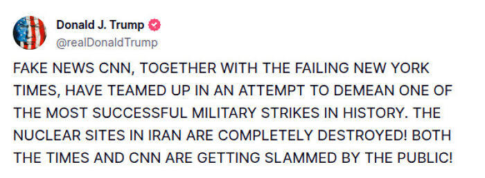 Screenshot of Donald Trump’s tweet defending U.S. Iran strikes, insisting nuclear sites were completely destroyed.