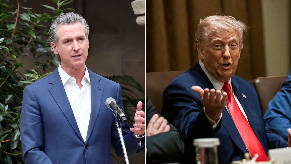 Newsom speaking at a podium in a blue suit, Trump gesturing during a meeting in a dark suit with red tie.