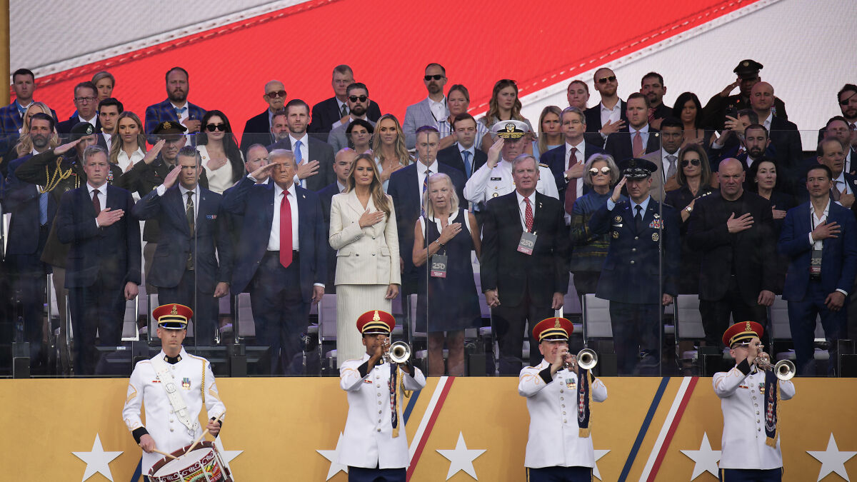 Donald Trump and Melania with military band performing during a low-energy birthday parade event.