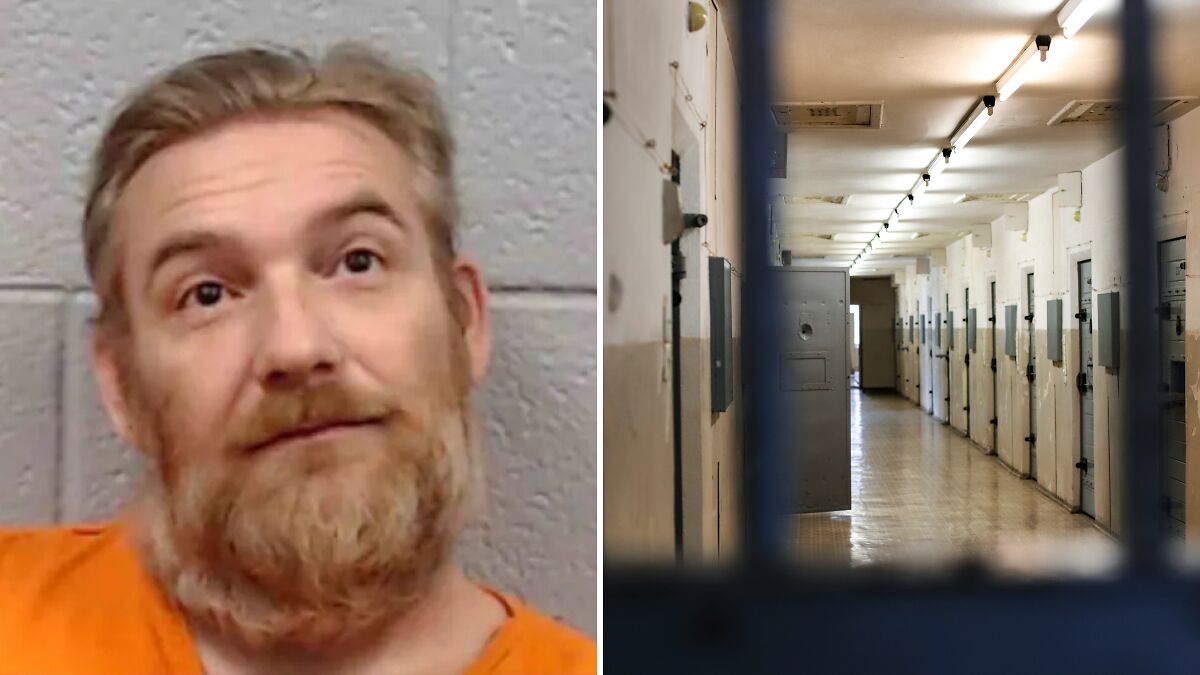Mugshot of a man charged with sexually abusing his daughter for 12 years alongside a prison corridor view.