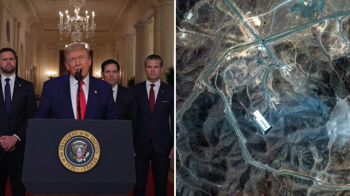 Former President Trump speaking at podium with officials and aerial view of suspected nuclear site in Iran.