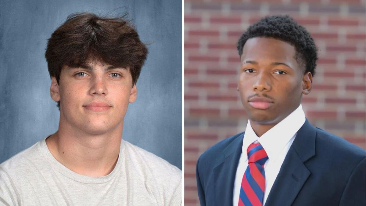 Two young men side by side, one in casual shirt and the other in suit and striped tie, related to Karmelo Anthony murder case.