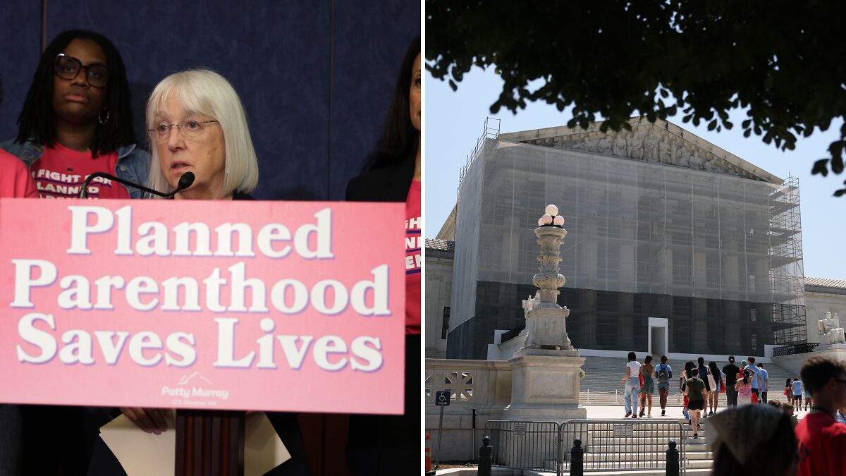 Woman speaking at Planned Parenthood event with sign, alongside Supreme Court building under renovation in background