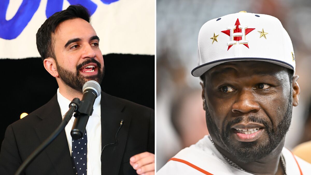 NYC mayoral candidate Zohran Mamdani speaking at a podium and 50 Cent wearing a white Houston Astros cap.