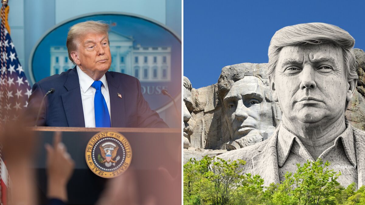 Donald Trump speaking at a podium beside a Mount Rushmore with his carved likeness alongside other presidents.