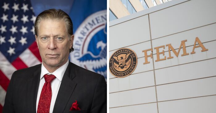FEMA chief in a suit with an American flag background, next to the FEMA building exterior sign.
