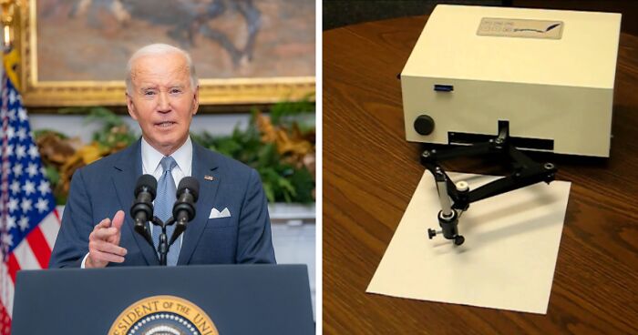 Joe Biden speaking at a podium next to an autopen machine signing documents related to West Wing power probe.