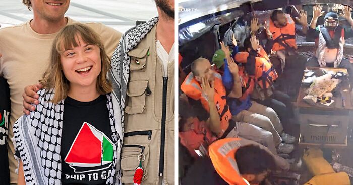 Greta Thunberg smiling with activists and people raising hands wearing life jackets on Gaza-bound freedom flotilla intercepted by Israel