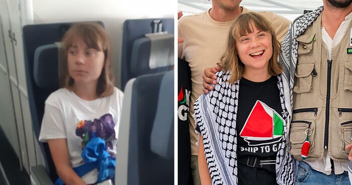 Greta Thunberg seated on a plane and later smiling with supporters amid Israel deportation over Gaza aid blockade attempt