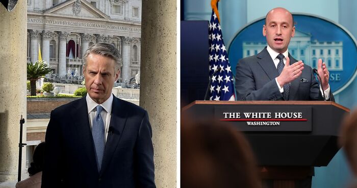 Two men in formal suits, one outside with ancient architecture behind, the other speaking at the White House podium.