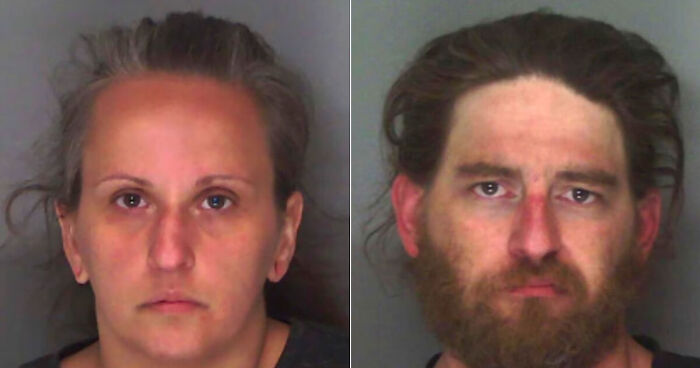 Mugshots of a woman and a man involved in police investigation after fire revealed boy left alone in shed without water or power.