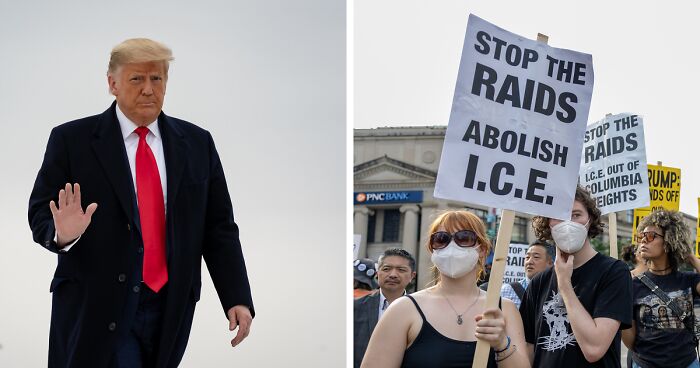 Donald Trump in a suit with red tie on left; protestors holding stop ICE raids signs on the right in a city setting.