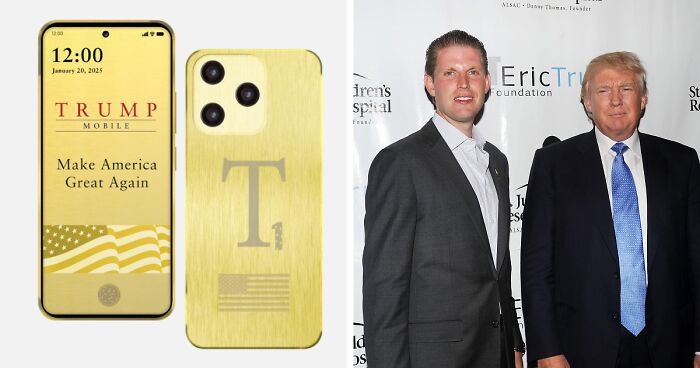 Trump Organization gold phones priced at 499 dollars, designed for real Americans amid Apple tariff threats.