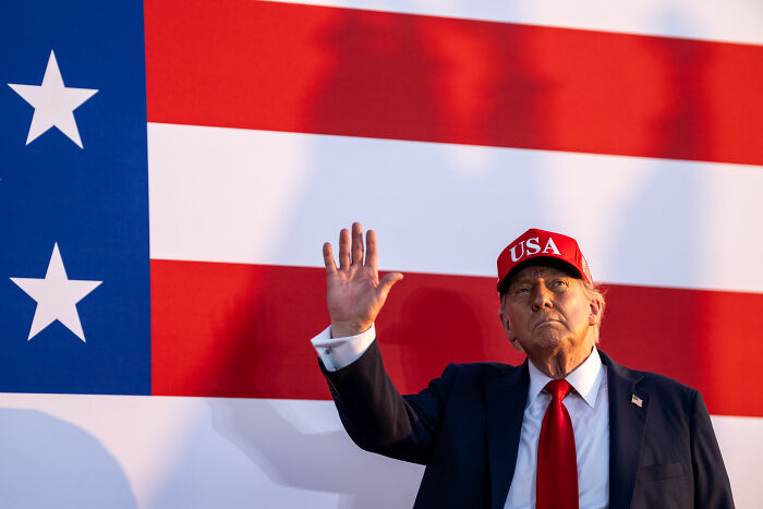Donald Trump wearing a USA hat and suit, raising hand in front of a large American flag, branding Musk a train wreck.