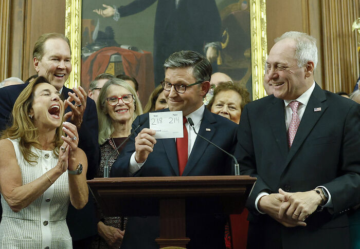 Congress members celebrating passage of Trump’s big beautiful bill after a chaotic overnight showdown in the House chamber.