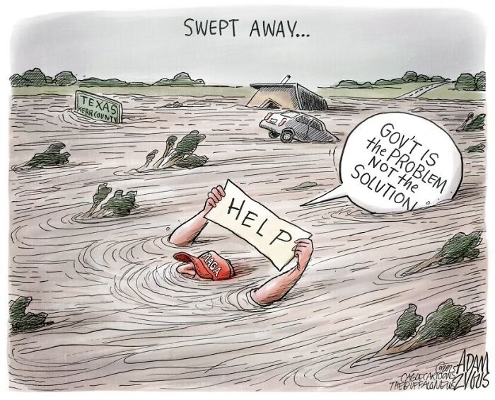 Flood victim wearing MAGA hat holds a help sign while drowning, with flooded Texas background and political message.