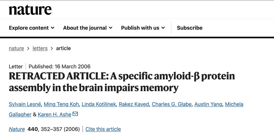 Screenshot of a Nature article showing a retracted study on amyloid-β protein linked to Alzheimer’s research concerns.