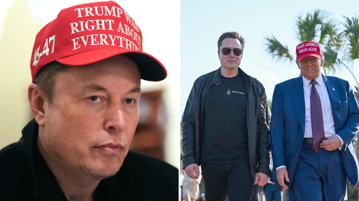 Close-up of Elon Musk wearing a red hat, paired with an outdoor image of Musk and Donald Trump walking, discussing America party plans.