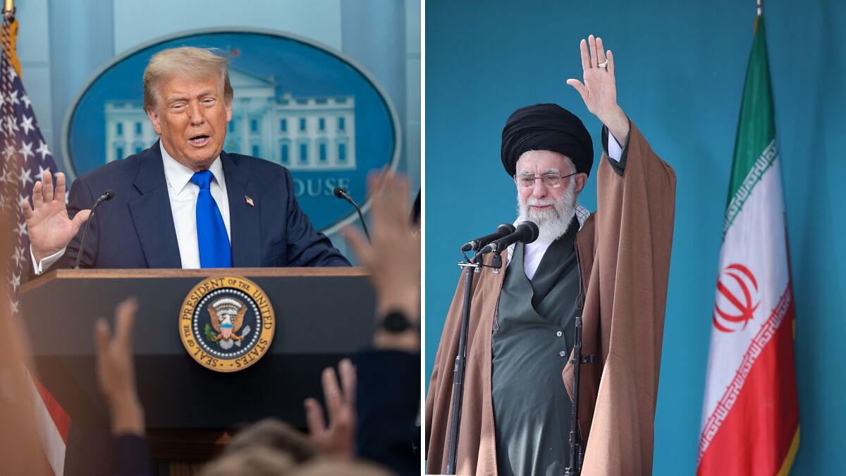 Donald Trump at a White House press briefing and Iranian leader raising hand with national flags in backgrounds.