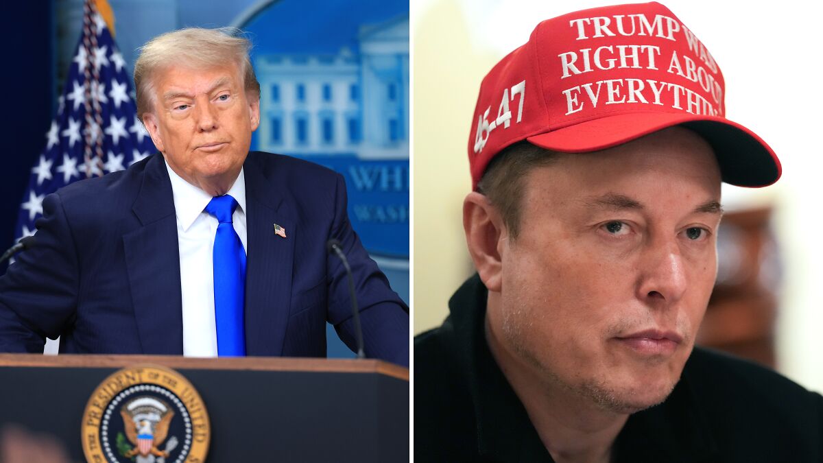 Donald Trump speaking at podium and Elon Musk wearing red cap in a split image related to DOGE and billionaire feud.