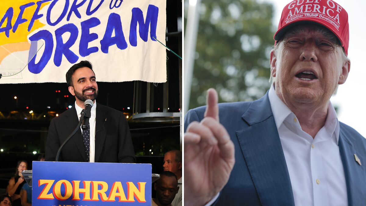 NYC mayoral nominee speaking at podium while Trump gestures during a public appearance in outdoor setting