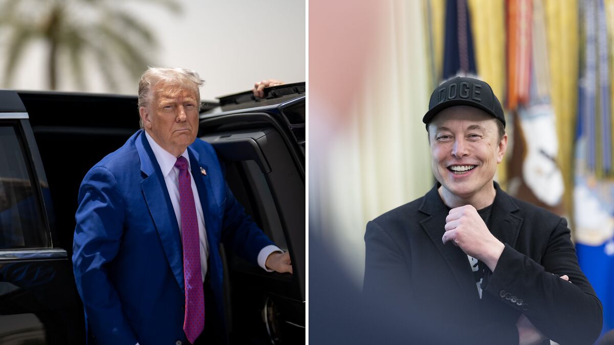 Donald Trump in a blue suit and Elon Musk wearing a black DOGE hat, both photographed in separate settings.