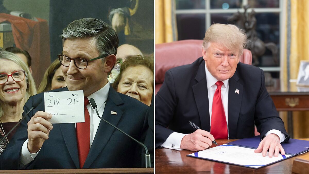 House representative holds vote results while former President Trump signs bill in the Oval Office after Congress greenlights legislation.