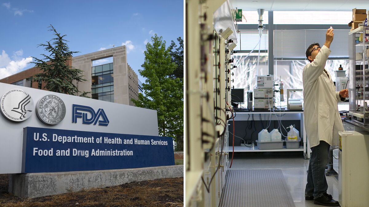 FDA building exterior with a researcher in a lab, highlighting Alzheimeru2019s research and pharmaceutical industry concerns.