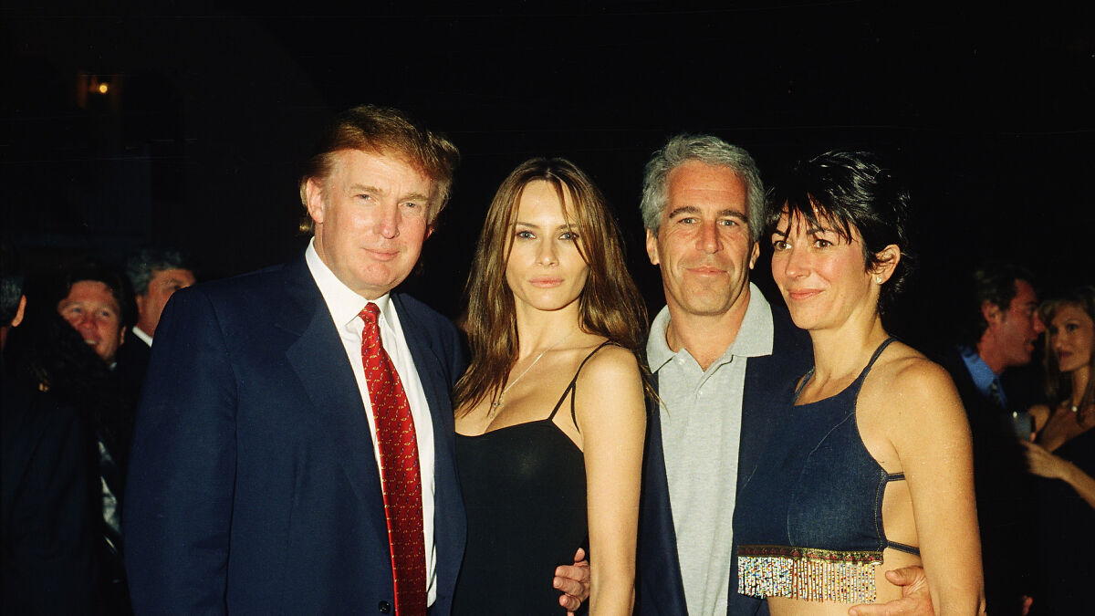 Donald Trump, Jeffrey Epstein, and others posing together at a social event related to DOJ and FBI Epstein claims.