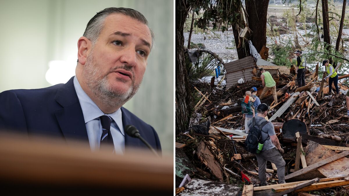 Ted Cruz speaking at a hearing alongside volunteers clearing debris after Texas flood disaster.
