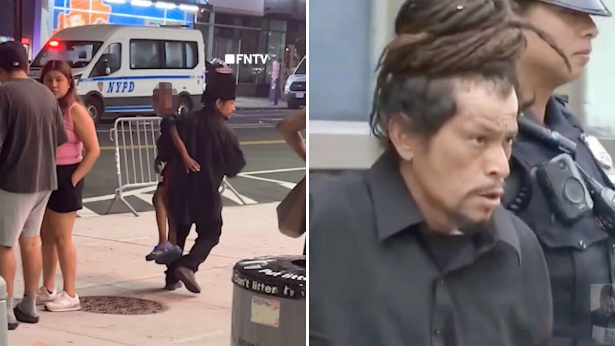 Kidnapper lifting boy at Coney Island as parents give wild chase, police and bystanders nearby.