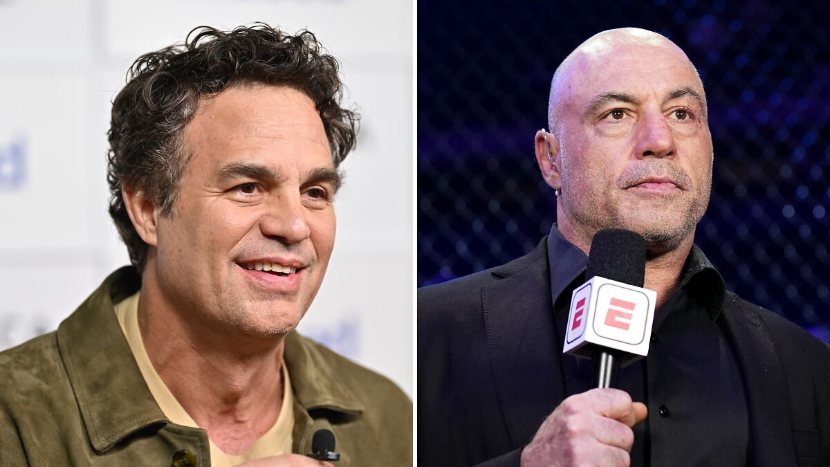 Mark Ruffalo speaking at event, Joe Rogan holding ESPN microphone during UFC event, discussing ICE raids controversy.