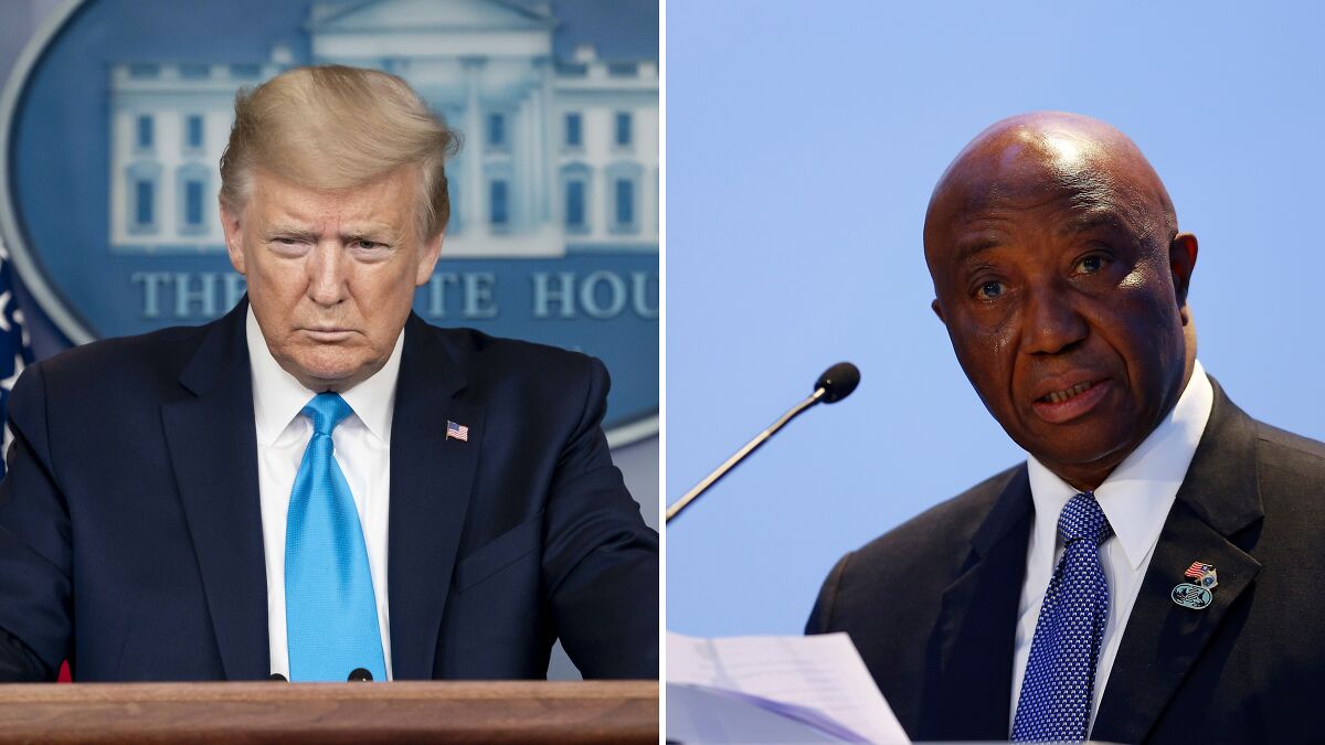 Donald Trump and Liberian President in formal attire speaking at podiums, related to English language backlash in Africa.