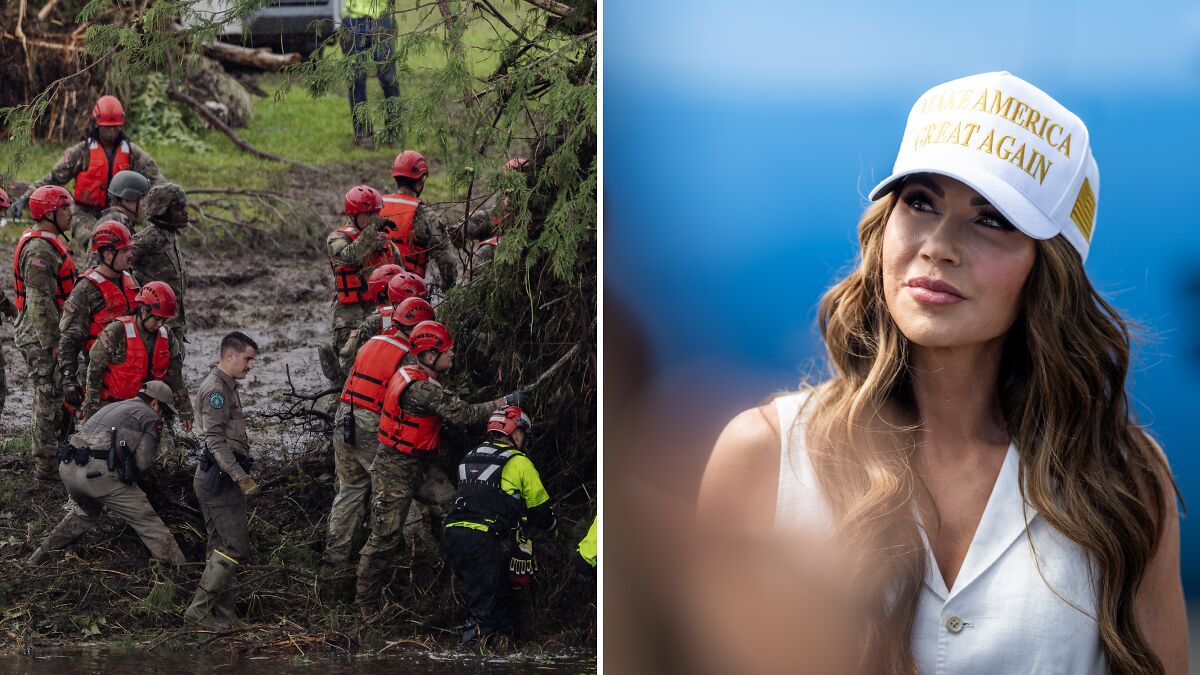 Rescue workers in floodwaters on left, Kristi Noem wearing Make America Great Again hat on right during event.