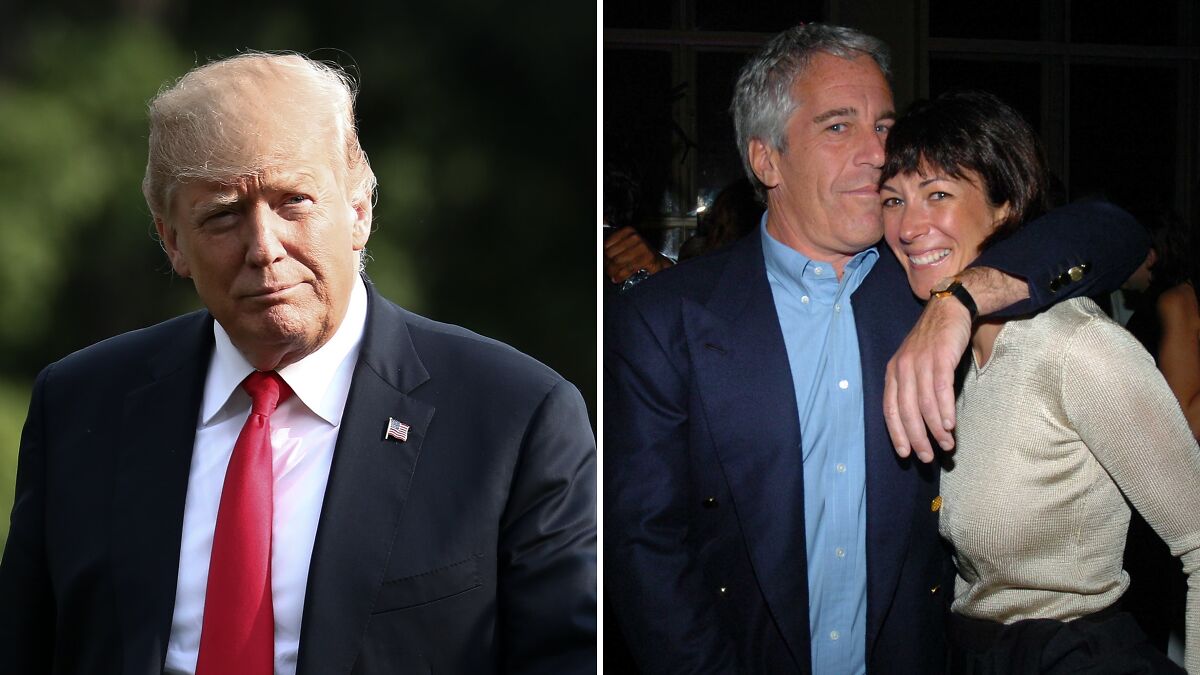 Donald Trump in a suit outdoors and Ghislaine Maxwell with Jeffrey Epstein posing closely at an event.