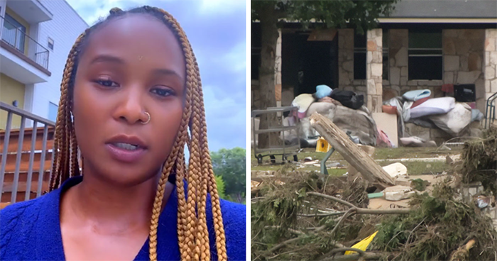 Woman speaking in front of camera beside a flooded home with debris during Texas flood crisis and official controversy